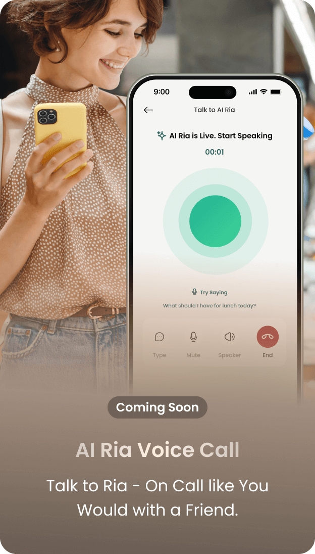 Women holding a phone and smiling, with a mobile screenshot showing AI Ria Call Screen. Talk to Ria - On Call like You Would with a Friend.